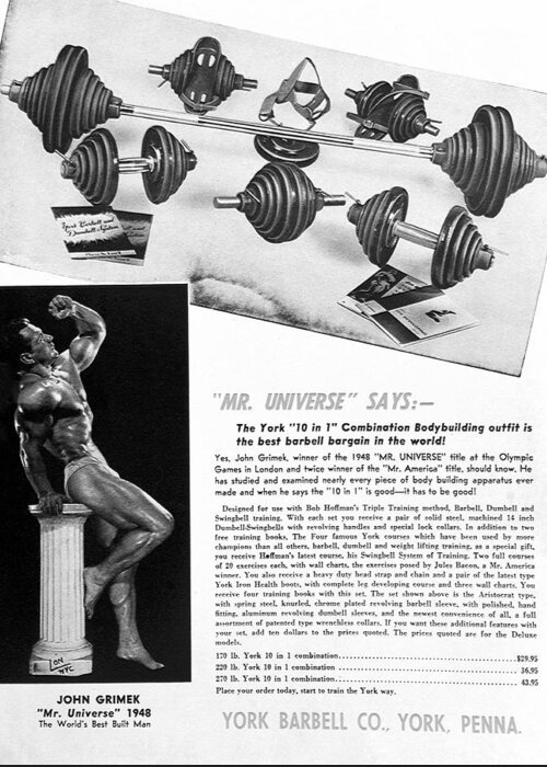 York Barbells Add 1940s Greeting Card featuring the photograph 1940s York Barbell add with Mr, Universe John Grimek by David Lee Thompson