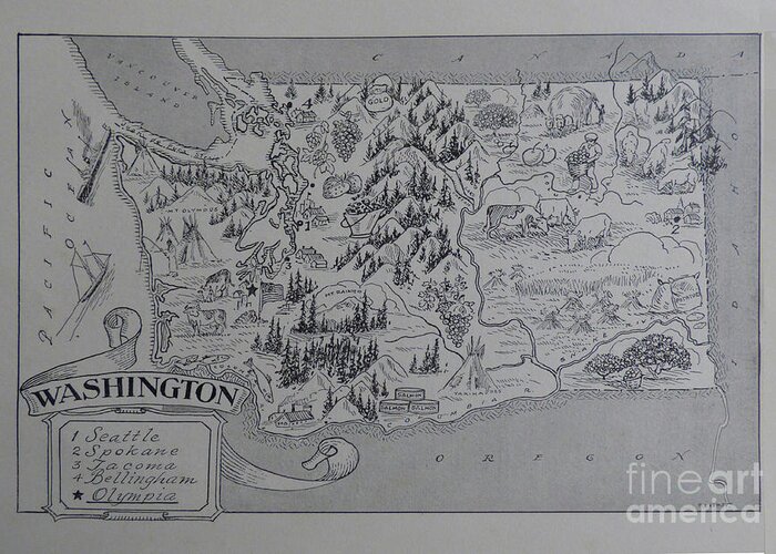 Washington State Map Greeting Card featuring the drawing 1950s Antique Washington Animated Picture Map by Charles Robinson