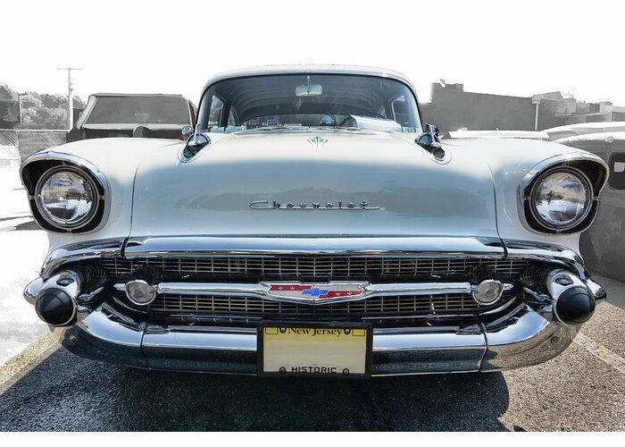 Chevy Greeting Card featuring the photograph 1957 white Chevy Bel Air 210 by Daniel Adams
