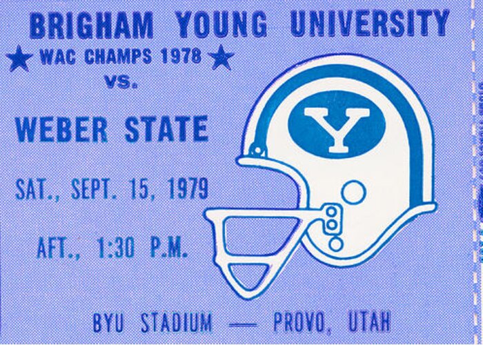 Byu Ticket Greeting Card featuring the mixed media 1979 BYU vs. Weber State Football Ticket by Row One Brand