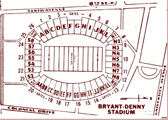 Alabama Greeting Card featuring the mixed media 1981 Bryant-Denny Stadium Map by Row One Brand
