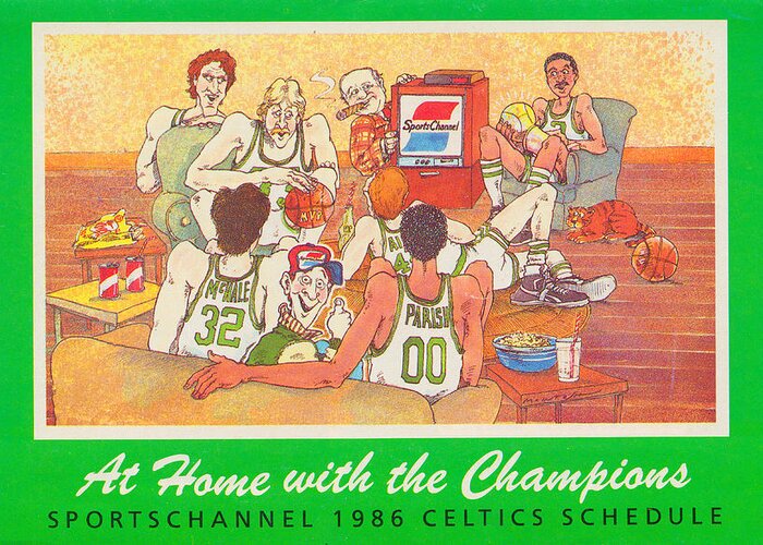 Boston Greeting Card featuring the mixed media 1986 Boston Celtics Schedule by Row One Brand