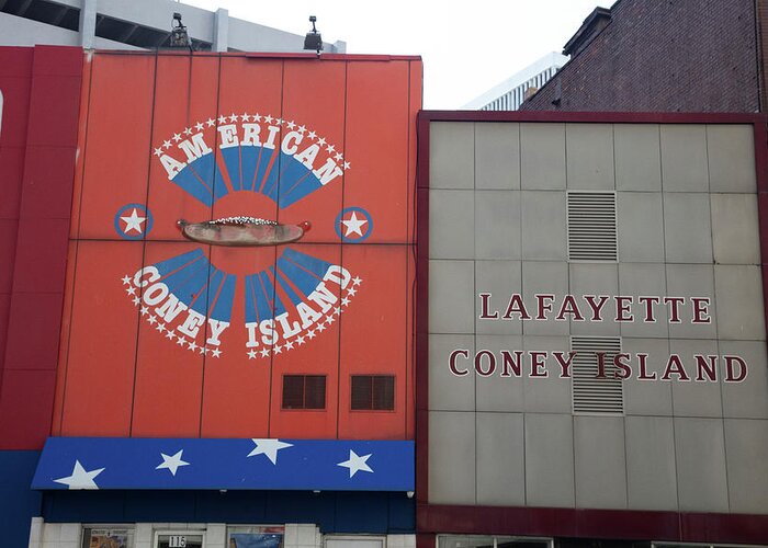 Lafayette Coney Detroit Greeting Card featuring the photograph American and Lafayette Coney Island in Detroit Michigan by Eldon McGraw