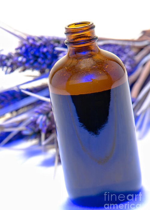 Aromatherapy Greeting Card featuring the photograph Aromatherapy Bottle with Blue Flower Background by Olivier Le Queinec
