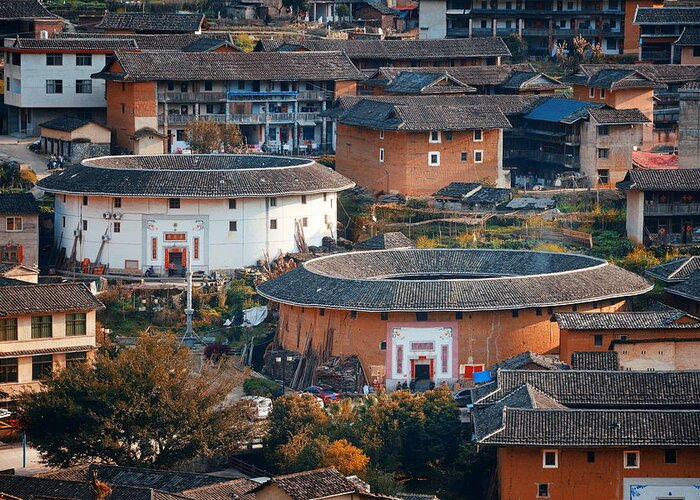 Tulou Greeting Card featuring the photograph Chuxi Tulou Cluster in Fujian China #2 by Songquan Deng