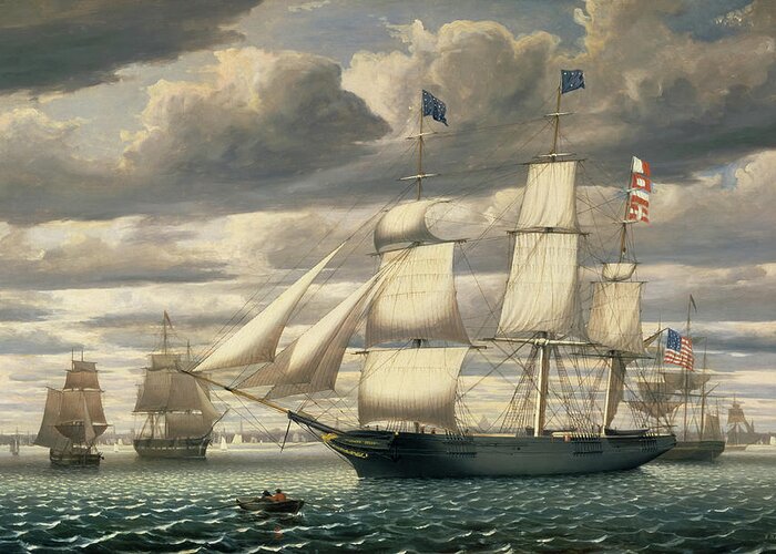 Fitz Henry Lane Greeting Card featuring the painting Clipper Ship 'Southern Cross' Leaving Boston Harbor by Fitz Henry Lane by Mango Art
