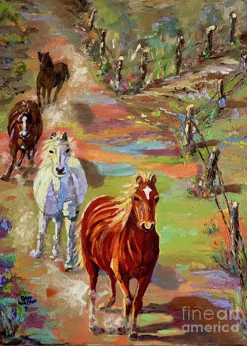 Wild Horses Greeting Card featuring the painting Fences Make Bad Neighbors #3 by Patsy Walton