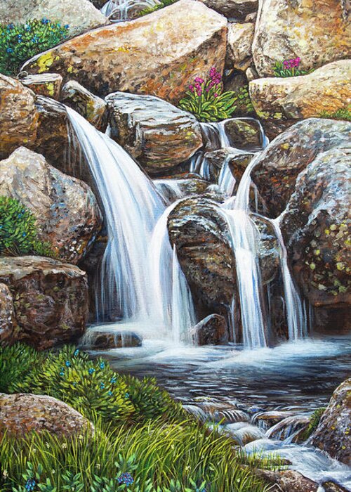 Waterfall Greeting Card featuring the painting Flowing by Aaron Spong