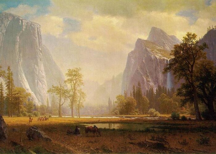 Landscape Greeting Card featuring the painting Looking Up the Yosemite Valley #4 by Albert Bierstadt