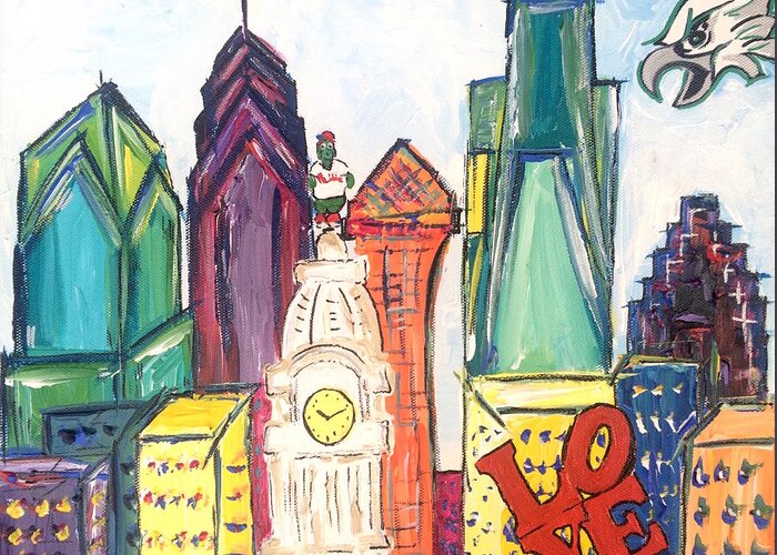 Philly Greeting Card featuring the painting Philadelphia Skyline with Eagles by Britt Miller