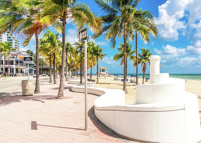 Fort Lauderdale Greeting Card featuring the photograph Seafront beach promenade with palm trees on a sunny day in Fort Lauderdale by Maria Kray
