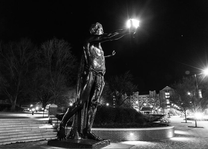 University Of Tennessee At Night Greeting Card featuring the photograph Torchbearer statue at the University of Tennessee at night in black and white #2 by Eldon McGraw