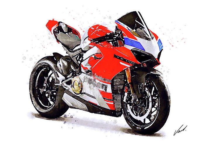 Sport Greeting Card featuring the painting Watercolor Ducati Panigale V4S motorcycle, oryginal artwork by Vart #3 by Vart Studio