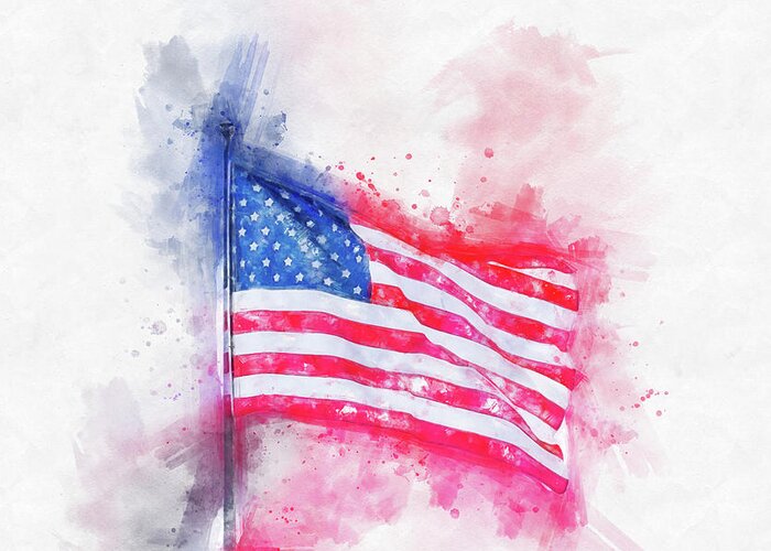 Watercolor Greeting Card featuring the digital art Watercolor painting illustration of American flag isolated over a white background by Maria Kray