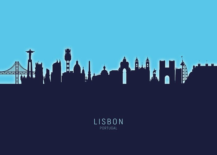 Lisbon Greeting Card featuring the digital art Lisbon Portugal Skyline #26 by Michael Tompsett
