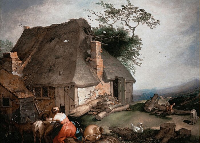Abraham Bloemaert Greeting Card featuring the painting A cottage with peasants milking goats #4 by Abraham Bloemaert