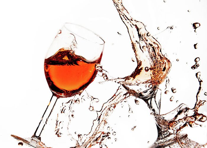 Damaged Greeting Card featuring the photograph Broken wine glasses with wine splashes on a white background by Michalakis Ppalis