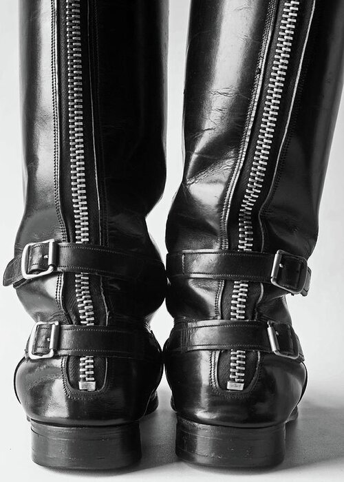 Studio Greeting Card featuring the photograph 31/10/14 STUDIO. Motorcycle Boots. by Lachlan Main
