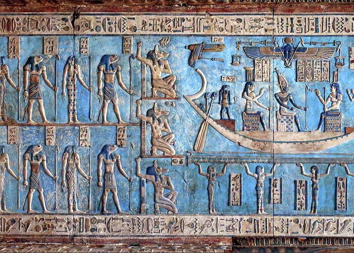 Egypt Greeting Card featuring the photograph Hieroglyphic carvings in ancient egyptian temple #32 by Mikhail Kokhanchikov