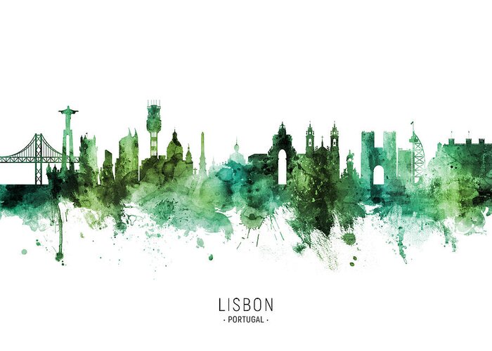 Lisbon Greeting Card featuring the digital art Lisbon Portugal Skyline #38 by Michael Tompsett
