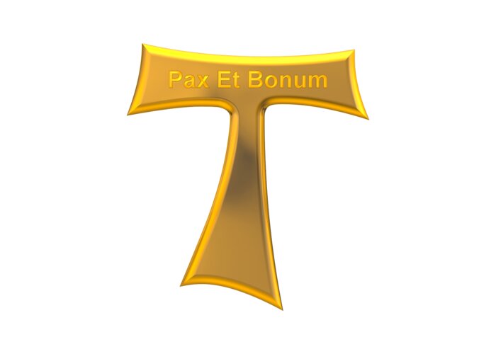 3d Look Franciscan Tau Cross Pax Et Bonum Gold On Gold Metallic Greeting Card featuring the digital art 3D Look Franciscan Tau Cross Pax Et Bonum Gold on Gold Metallic by Rose Santuci-Sofranko