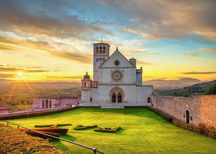 Assisi Greeting Card featuring the photograph Assisi, San Francesco Basilica church at sunset. Umbria, Italy. #1 by Stefano Orazzini