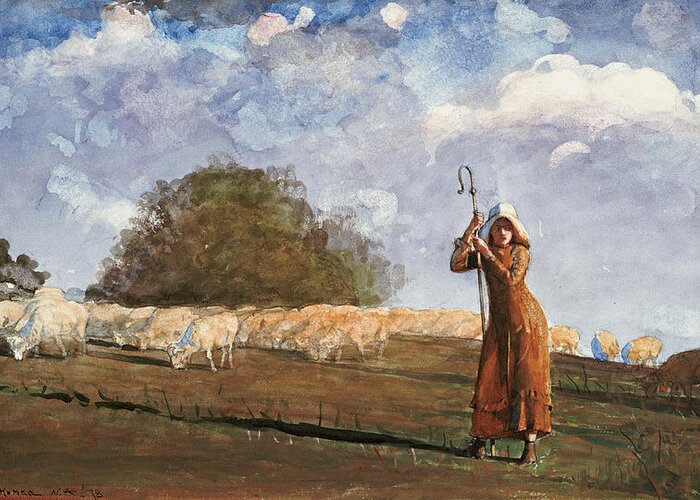 Winslow Greeting Card featuring the painting The Young Shepherdess by Winslow Homer