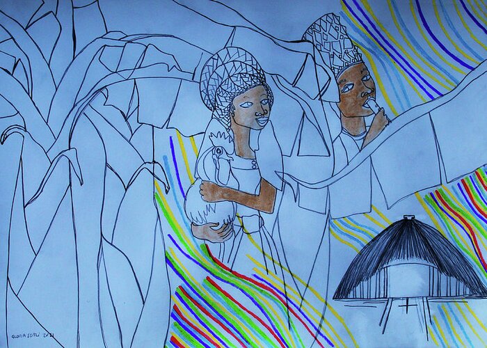 Jesus Greeting Card featuring the painting Kintu and Nambi #480 by Gloria Ssali