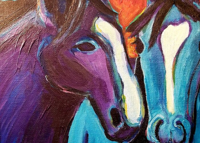 Horses Greeting Card featuring the painting Friends #5 by Rabiah Seminole