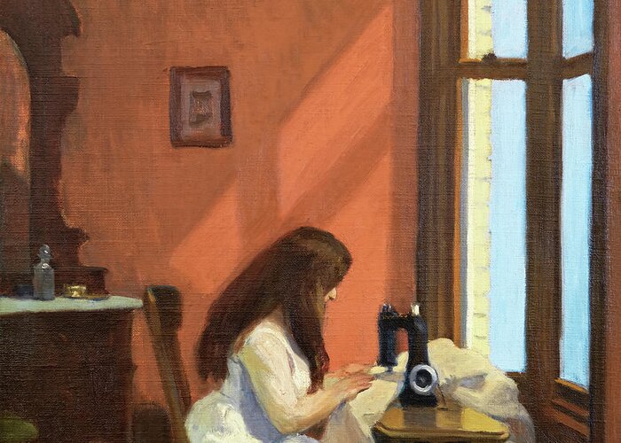 Building Greeting Card featuring the painting Girl at Sewing Machine by Edward Hopper by Mango Art