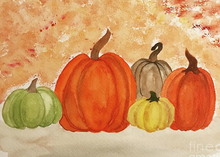 Pumpkins Greeting Card featuring the painting 5 Pumpkins by Lisa Neuman