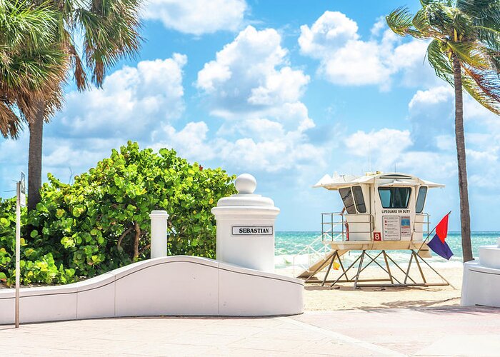 Fort Lauderdale Greeting Card featuring the photograph Seafront beach promenade with palm trees on a sunny day in Fort Lauderdale by Maria Kray