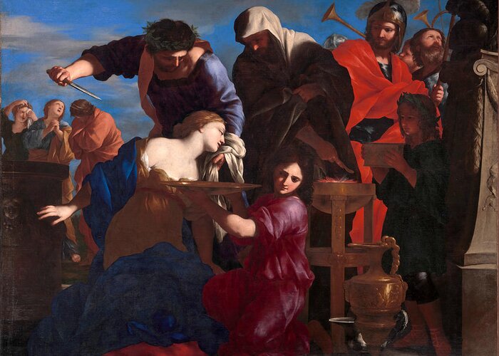 Giovanni Francesco Romanelli Greeting Card featuring the painting The Sacrifice of Polyxena by Giovanni Francesco Romanelli