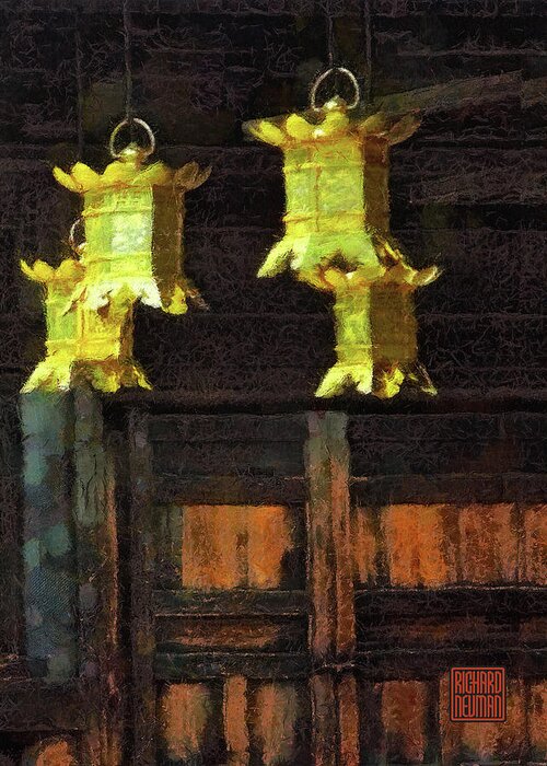 Architecture Greeting Card featuring the mixed media 547 Architectural Abstract Art Gold Temple Lanterns, Koyasan, Japan by Richard Neuman Architectural Gifts