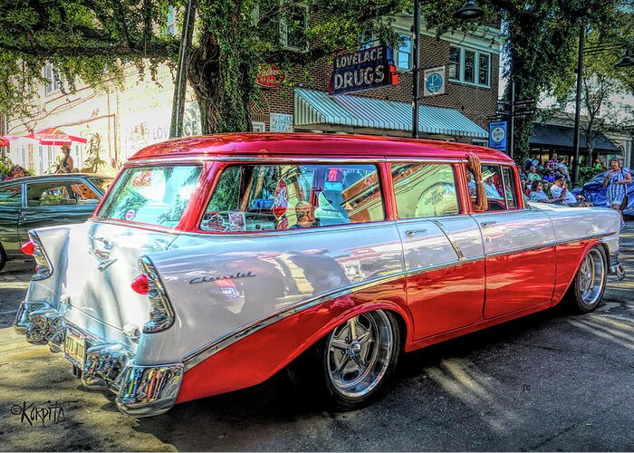 56 Chevy Station Wagon Greeting Card featuring the digital art 56 Chevy Station Wagon - Cruising the Coast by Rebecca Korpita