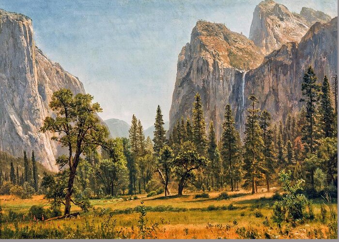 Landscape Greeting Card featuring the painting Bridal Veil Falls, Yosemite Valley, California #7 by Albert Bierstadt