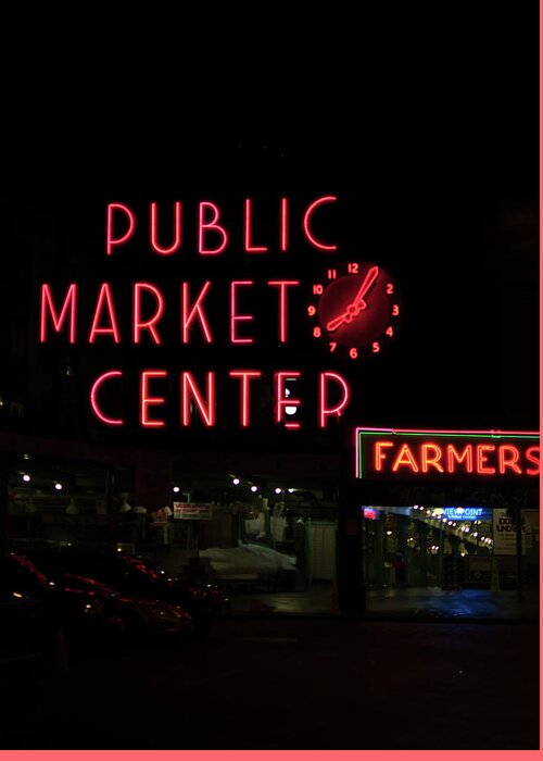 Neon Greeting Card featuring the digital art Seattle Public Market #6 by Carol Ailles