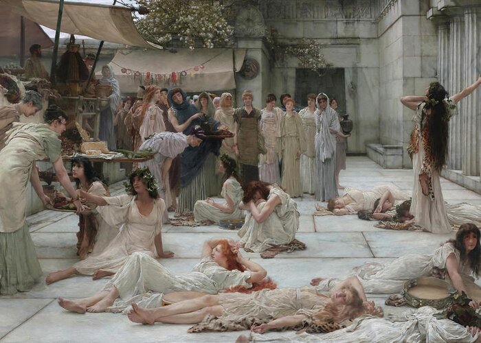 Lawrence Alma-tadema Greeting Card featuring the painting The women of Amphissa by Lawrence Alma-Tadema by Mango Art