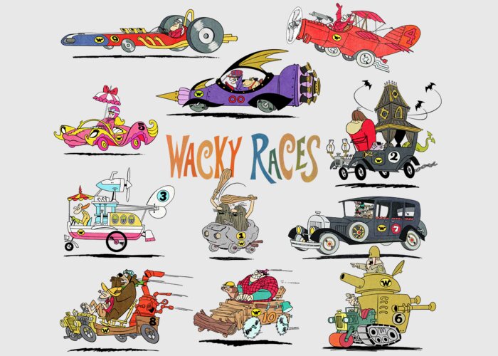 Cartoon Lover Greeting Card featuring the digital art 60s Wacky Races Group with Logo by Glen Evans