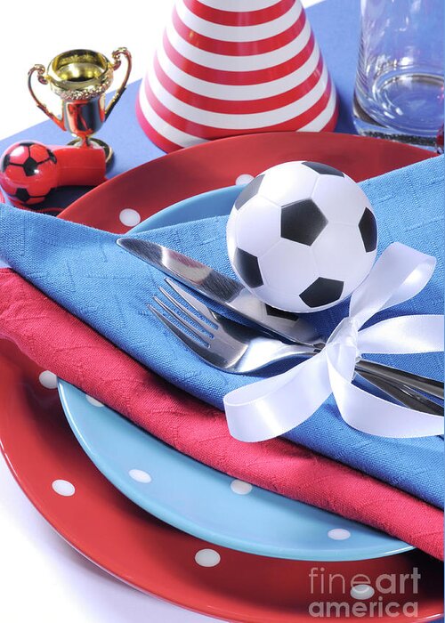 Red Greeting Card featuring the photograph Soccer football celebration party table setting #8 by Milleflore Images