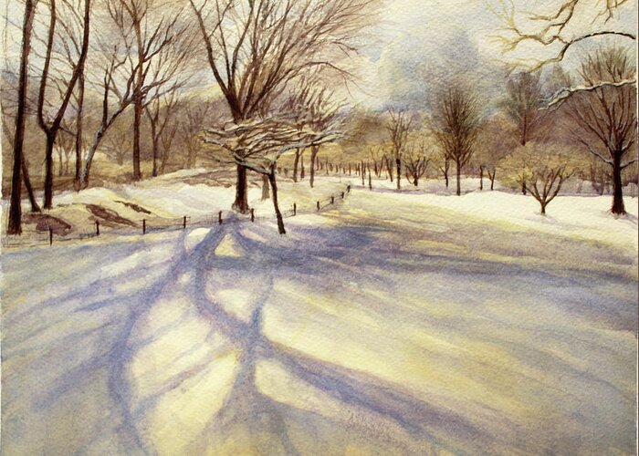 Watercolor Snow Scene Winter Wintery Central Park Nyc New York Greeting Card featuring the painting 81st Street Central Park by Judy Frisk