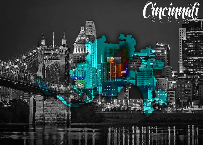 Cincinnati Art Greeting Card featuring the mixed media Cincinnati Map and Skyline Watercolor #9 by Marvin Blaine