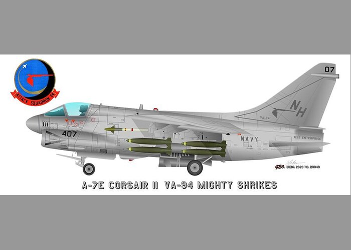 A-7e Corsair Ii Profile Print Va-94 Mighty Shrikes Greeting Card featuring the digital art A-7E Corsair II Profile Print VA-94 Mighty Shrikes, USS Enterprise CVN-65 by George Bieda
