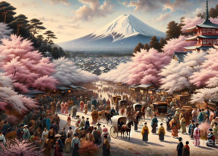 Mount-fuji Greeting Card featuring the painting A bustling scene at the foot of Mount Fuji, with cherry blossoms and Edo-period travelers. by Jeff Creation