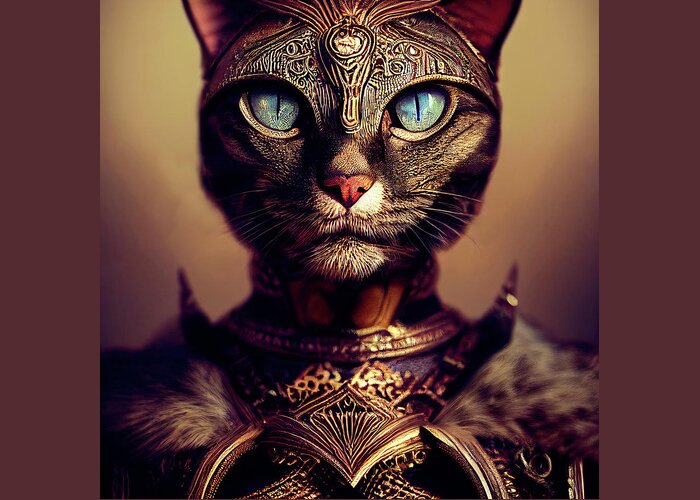 Warriors Greeting Card featuring the digital art A Cat Warrior Named Soli by Peggy Collins