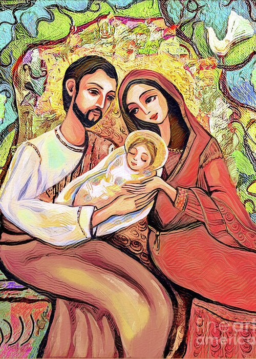 Holy Family Greeting Card featuring the painting A Child is Born by Eva Campbell