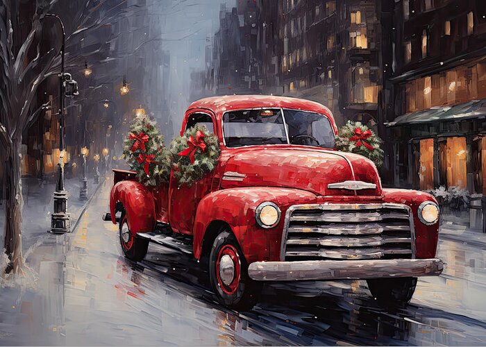 Christmas Art Greeting Card featuring the painting A Christmas Tradition - The Iconic Red Truck in Downtown Chicago by Lourry Legarde