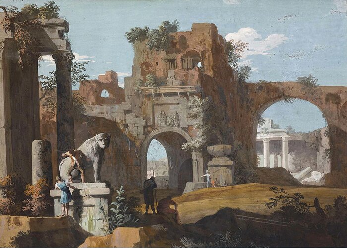 Marco Ricci Greeting Card featuring the painting A Classical Landscape with Ruins by Marco Ricci