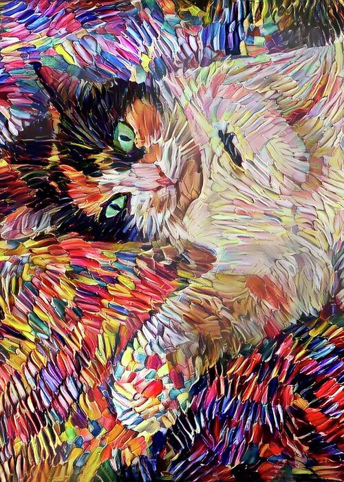 Cat Greeting Card featuring the digital art A Colorful Calico Cat Named Shadow by Peggy Collins