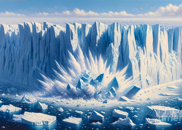 Glacier Greeting Card featuring the painting A colossal glacier calving into the ocean with icebergs floating around by Jeff Creation